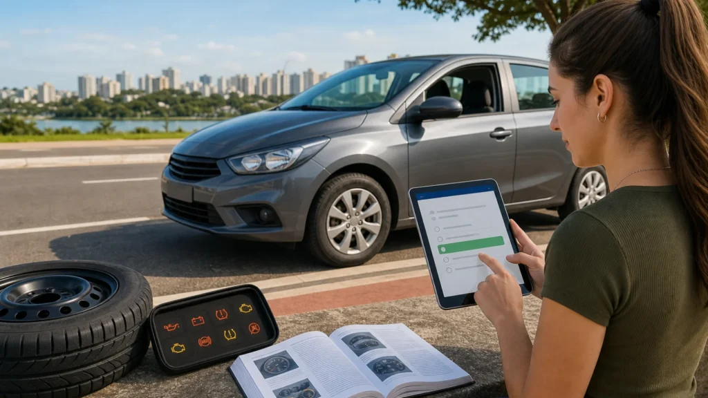 Pessoa estudando noções básicas sobre o veículo em um tablet, com um carro, uma roda e materiais de manutenção ao fundo.