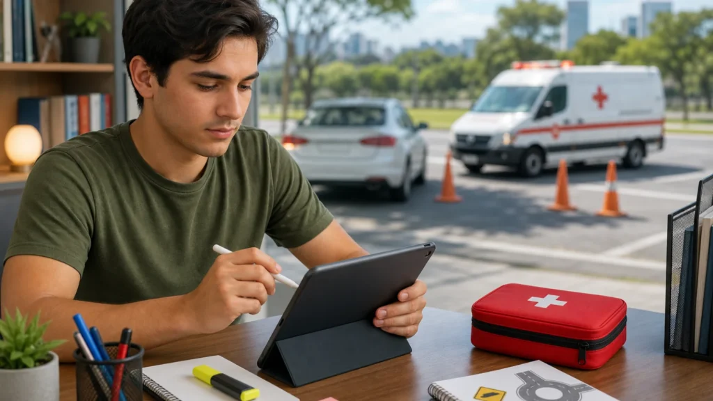 Pessoa revisando questões de primeiros socorros para a CNH em um tablet, com um kit de primeiros socorros sobre a mesa.