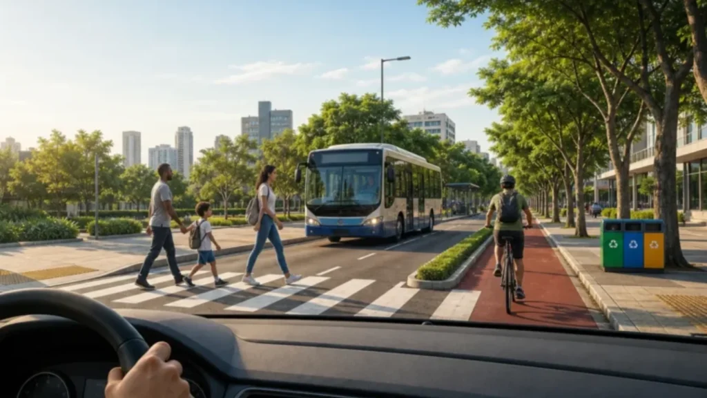 Rua urbana com motorista, ciclista, pedestres, ônibus e árvores, representando meio ambiente e cidadania no trânsito.