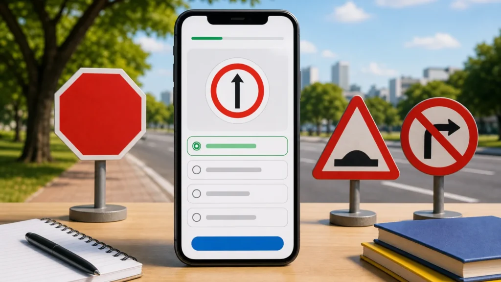 Smartphone com um quiz de trânsito ao lado de placas de PARE, advertência e regulamentação, sobre um fundo de estrada.